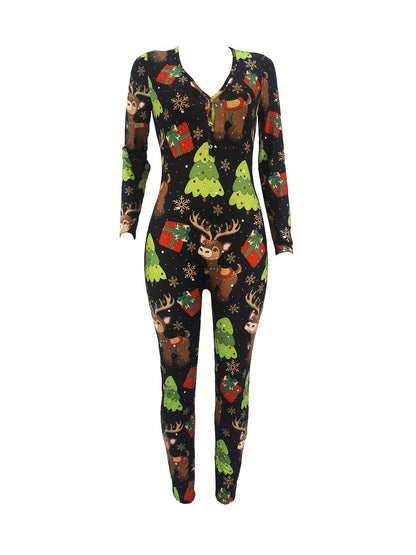 Women'S Christmas Print Off-Shoulder Long Sleeve Jumpsuit - Sexy V-Neck Button-Up Romper with Reindeer & Snowflake Design, Stretchy Polyester Blend, Machine Washable, Perfect for Holiday Loungewear & Sleepwear, Christmas Romp