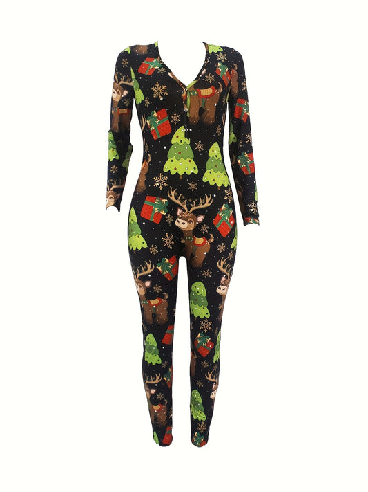 Women'S Christmas Print Off-Shoulder Long Sleeve Jumpsuit - Sexy V-Neck Button-Up Romper with Reindeer & Snowflake Design, Stretchy Polyester Blend, Machine Washable, Perfect for Holiday Loungewear & Sleepwear, Christmas Romp