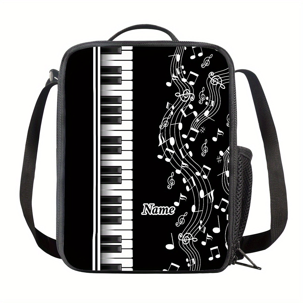 Customizable Piano-Themed 2D Printed Handbag - Black with White Music Notes & Red Accents, Durable Polyester, Personalized Name Option, Compact & Stylish for Commuting or Casual Use, Piano Accessories