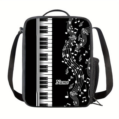 Customizable Piano-Themed 2D Printed Handbag - Black with White Music Notes & Red Accents, Durable Polyester, Personalized Name Option, Compact & Stylish for Commuting or Casual Use, Piano Accessories