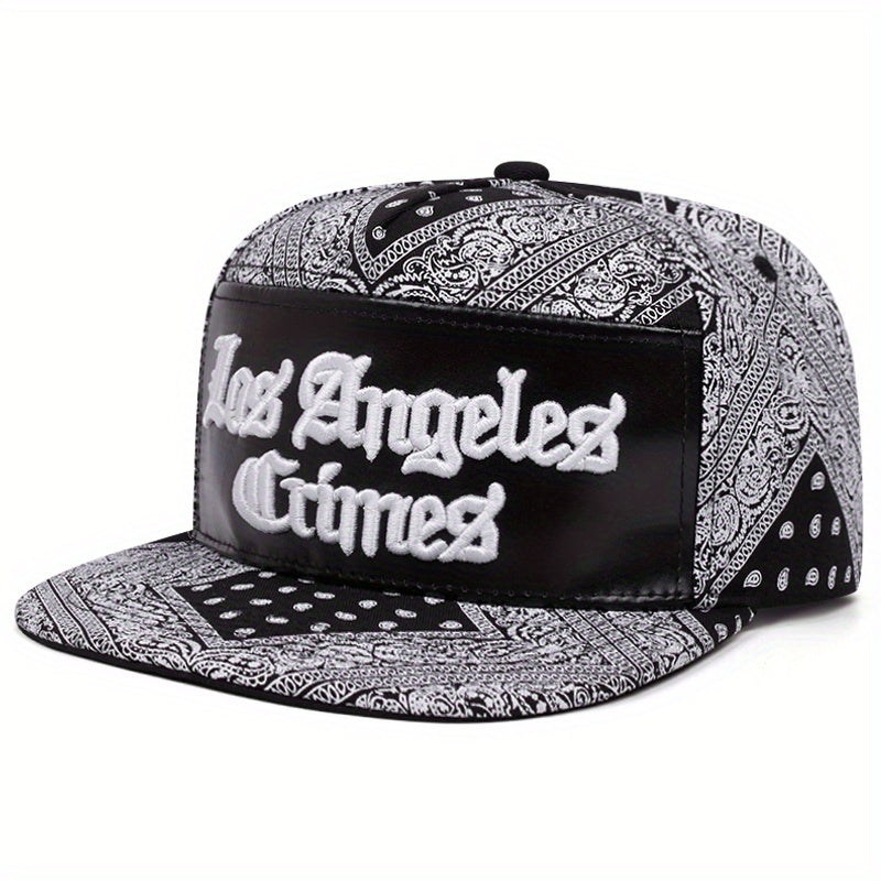 Men's Los Angeles Crimes Baseball Cap - Stylish Black & White Paisley Design with "LACRIMES" Text, Adjustable Fit for Outdoor Sports, Baseball Cap.woven fabric.