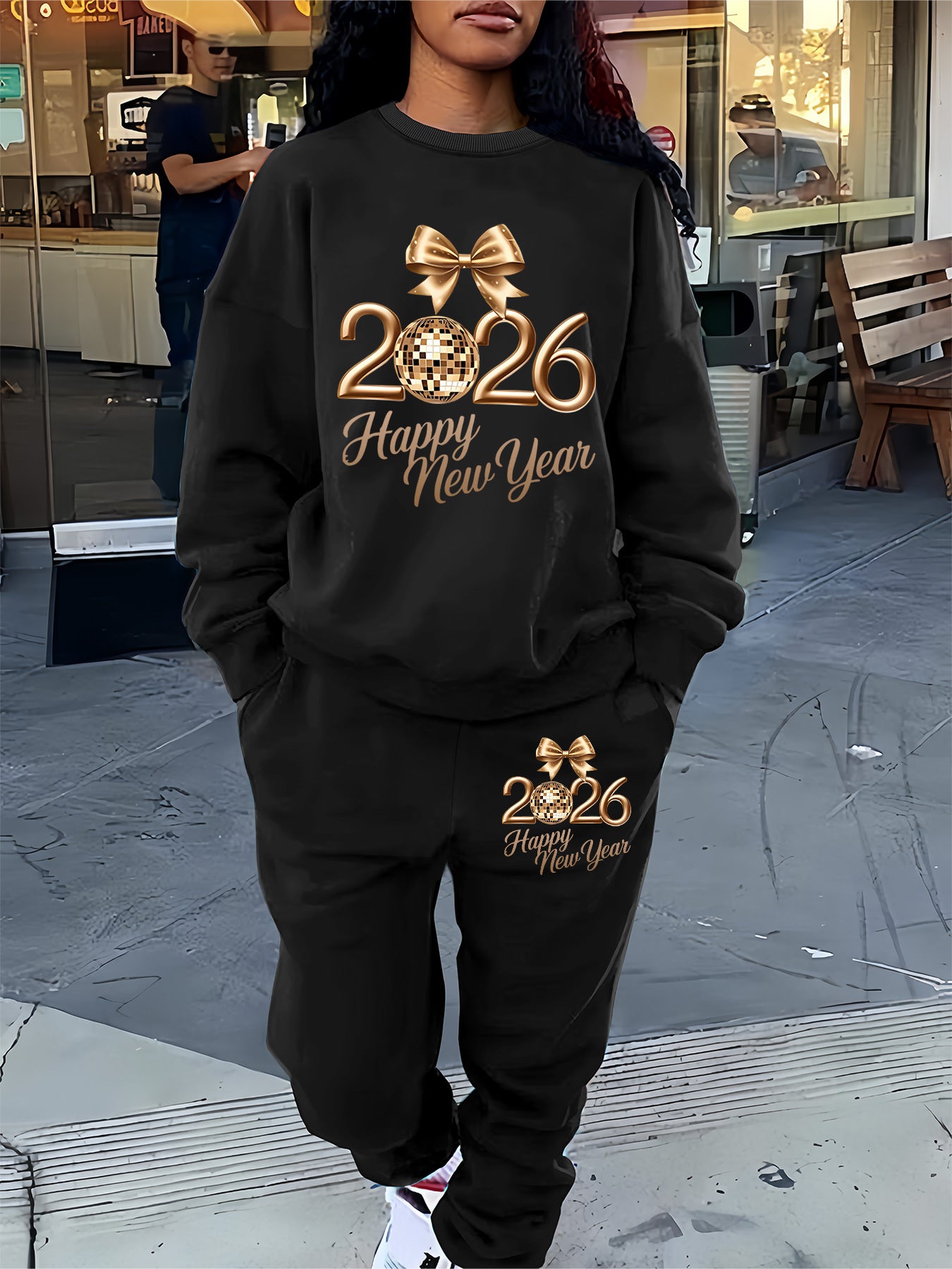 Women'S Casual Crew Neck Sweatshirt & Pants Set - Cozy Fleece-Lined Two-Piece Outfit with "Happy New Year" Print, Perfect for Fall/Winter, Casual Wear, |playful Print|fleece Lined Pants, Sweater Pants