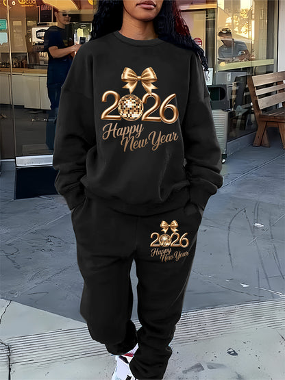 Women'S Casual Crew Neck Sweatshirt & Pants Set - Cozy Fleece-Lined Two-Piece Outfit with "Happy New Year" Print, Perfect for Fall/Winter, Casual Wear, |playful Print|fleece Lined Pants, Sweater Pants