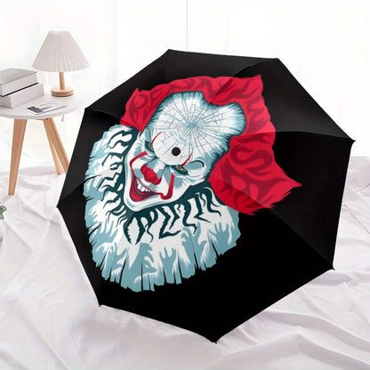 Pennywise Inspired Automatic Folding Umbrella - Durable 8-Rib Design, Portable Travel Umbrella with Vibrant Pennywise Face Artwork, Black with Red & White Stripes, Perfect Holiday Gift for Fans, Stylish & Functional Accessory