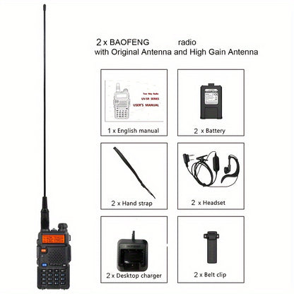 2 Pack BAOFENG Two-Way Radio Long Range Ham Radio Walkie Talkie with D15 High-Gain Antenna, UHF/VHF Handheld Transceiver,, 136-174MHz & 420-520MHz for Outdoor, Camping, Emergency, Ham Operators (Black), Off Grid Communication