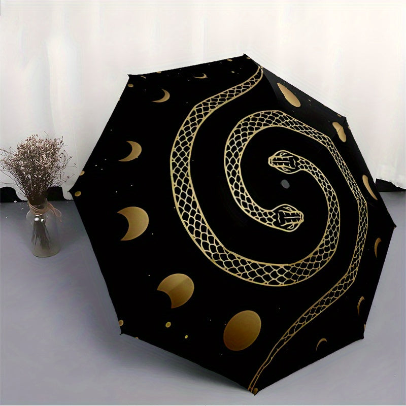 1pc Automatic Open/Close Umbrella with One-Touch Button, Folding Compact Travel Umbrella, Sturdy 8-Rib Canopy, Lightweight Portable Design, Elegant Black & Golden serpent & moon phases pattern - Windproof for Commuting, Forma