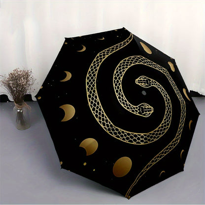 1pc Automatic Open/Close Umbrella with One-Touch Button, Folding Compact Travel Umbrella, Sturdy 8-Rib Canopy, Lightweight Portable Design, Elegant Black & Golden serpent & moon phases pattern - Windproof for Commuting, Forma