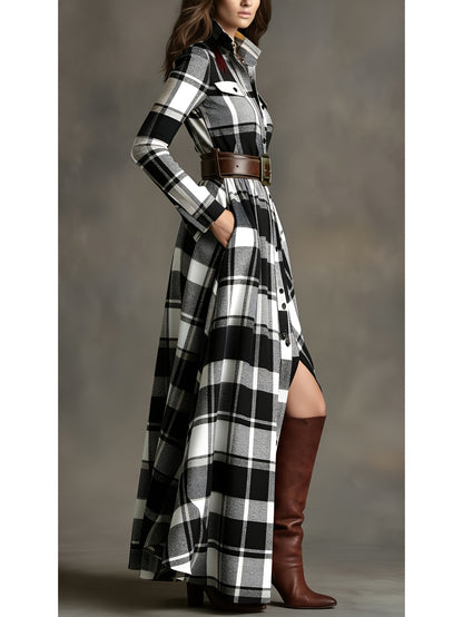 Women'S Brown, White, Black & Gray Plaid Waist-Cinched Maxi Dress | Retro Modern Style, Suitable for Daily Streetwear, Luxury Social Events, and Casual Occasions