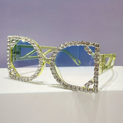 Oversized Square Luxury Rhinestone Fashion Party Photo Glasses for Women - Sparkling Light Blocking & -Eye Strain, Wide Frame Statement Glasses for Night, Prom, New Year'S Eve, Photo Shoots - Stylish Party