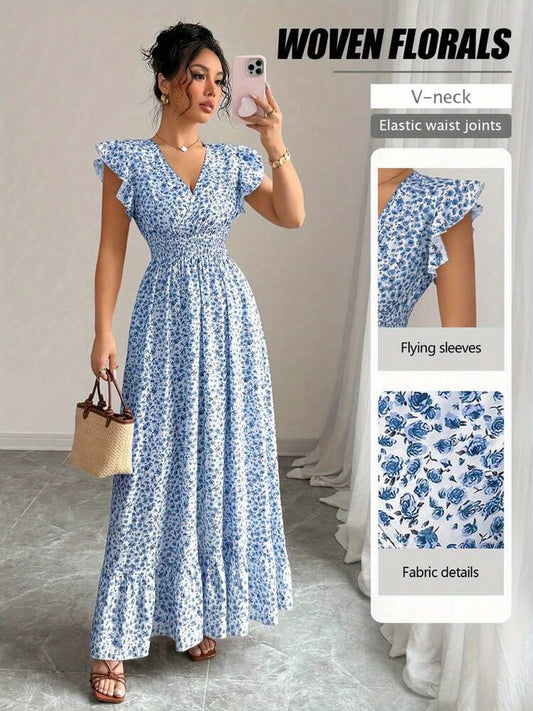 Blue Floral Dress with Digital Printing