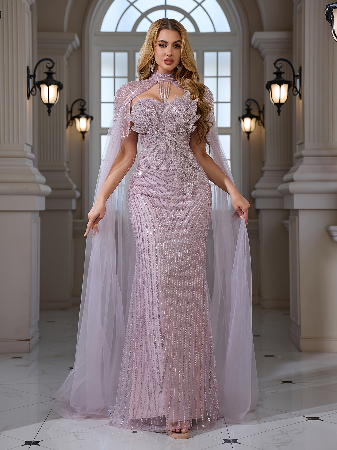 An Elegant And Sexy Evening Gown Featuring a High Neckline, 3D Petal Appliqués, And Flowing Tassels, Adorned with Sequins And Lace on The Bodice