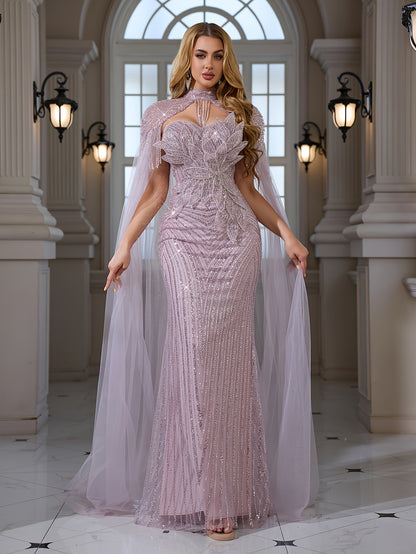 An Elegant And Sexy Evening Gown Featuring a High Neckline, 3D Petal Appliqués, And Flowing Tassels, Adorned with Sequins And Lace on The Bodice