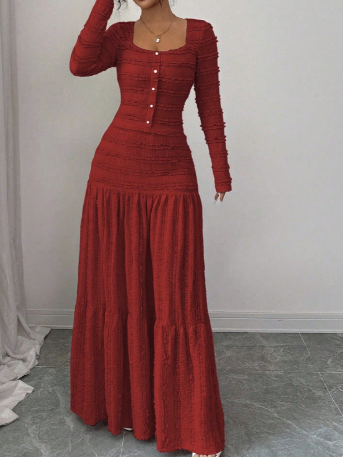 Burgundy Pleated Square Neck Long Dress | Women'S Vintage Elegance with Cinched Waist + Layered Skirt Perfect for New Year'S Gatherings, Family Dinners, and Dates