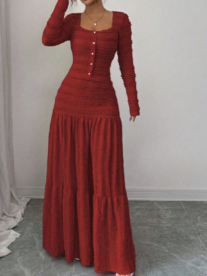Burgundy Pleated Square Neck Long Dress | Women'S Vintage Elegance with Cinched Waist + Layered Skirt Perfect for New Year'S Gatherings, Family Dinners, and Dates