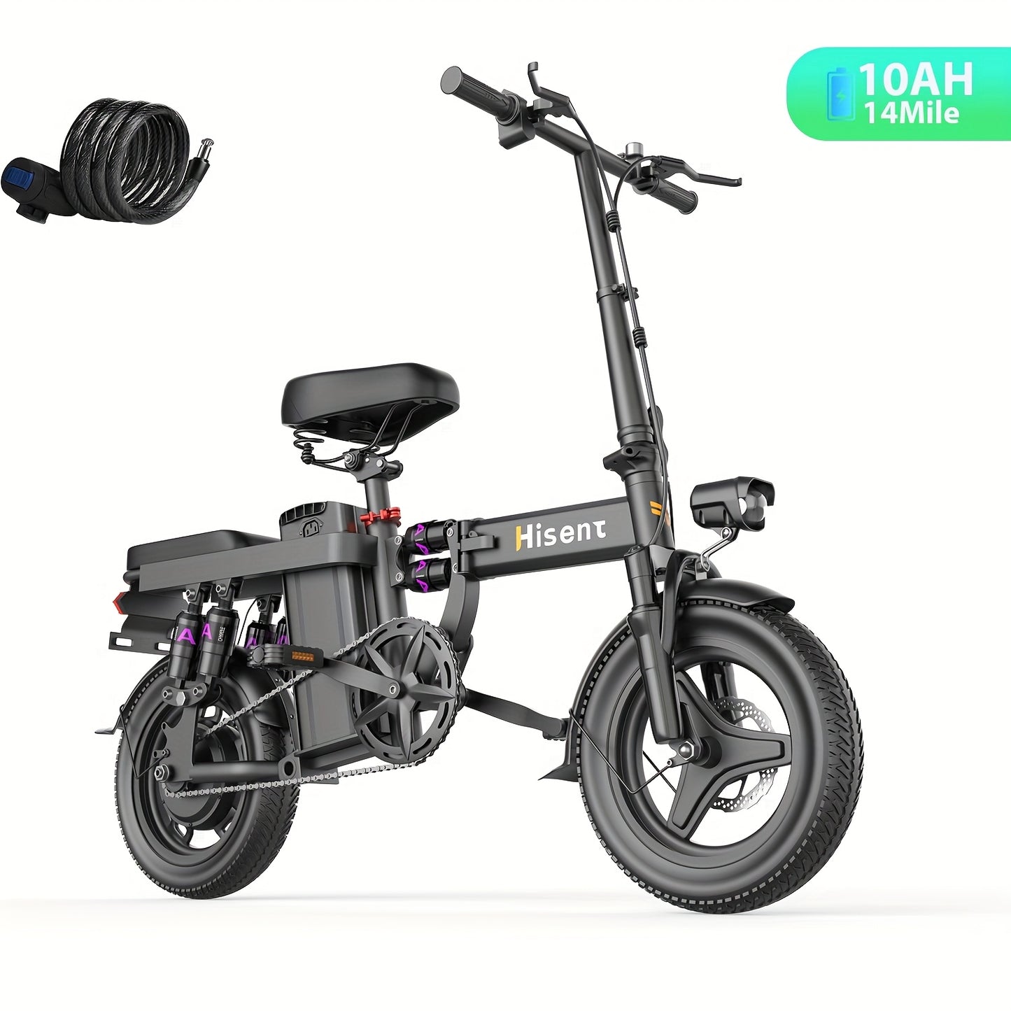 Hisent Adult Electric Bicycle, 48V 6A10A/15A/17.5A Lithium Battery, 20MPH, 8-35 Miles Range, 740W Brushless Motor, Multiple Shock Absorbers, 14" High-quality Tires, 3-step Folding, LCD Display, with Headlight And Taillight, C