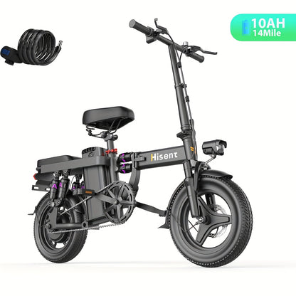 Hisent Adult Electric Bicycle, 48V 6A10A/15A/17.5A Lithium Battery, 20MPH, 8-35 Miles Range, 740W Brushless Motor, Multiple Shock Absorbers, 14" High-quality Tires, 3-step Folding, LCD Display, with Headlight And Taillight, C