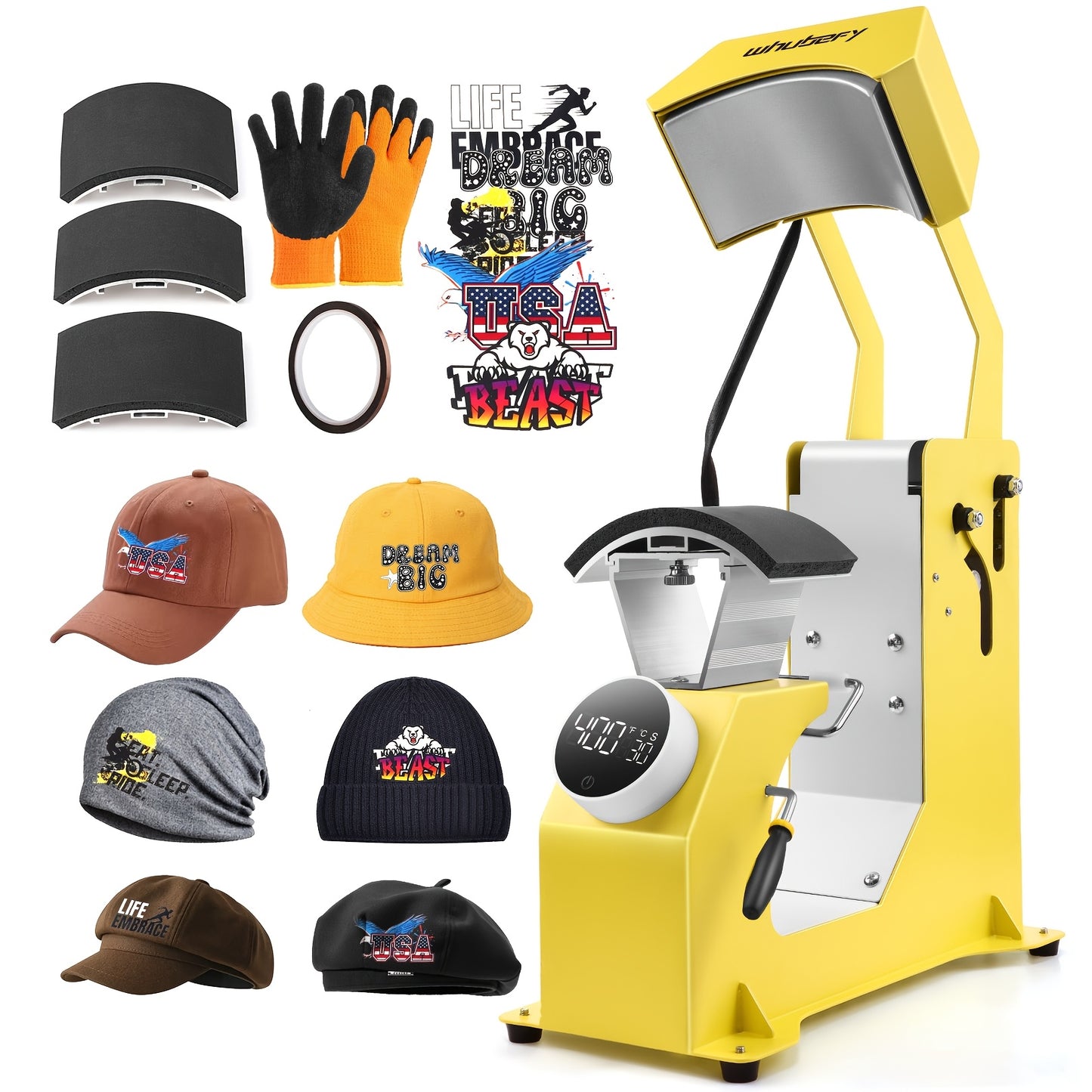 Valentine'S Day Gifts Heat Press Machine 3 In 1 Auto Cap Press With A Duckbill Cap And 5 Sheets Of DTF Transfer Paper, 6x3.9/6x2.8/5.5x3 Inch Yellow Cap Press With Digital Screen, Full Coverage Heating Tube, Even Heating, Rap