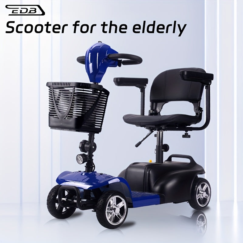 Mobility Aids for The, Four-wheel Foldable Mobility Scooters for Adults, 250w 12V, 12ah 15 Mile Long Range, with LED Headlights And A Detachable Storage Basket. Comes with A Tool Kit, Charger, And Instruction Manual.