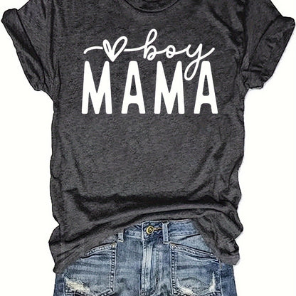 Mama Print Crew Neck T-shirt, Casual Short Sleeve Top For Spring & Summer, Women's Clothing