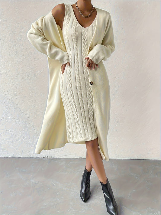 Solid Slouchy Elegant Dress Set, Button Up Long Sleeve Long Length Cardigan & Cable V-neck Sleeveless Slim Tank Dress Outfits, Women's Clothing