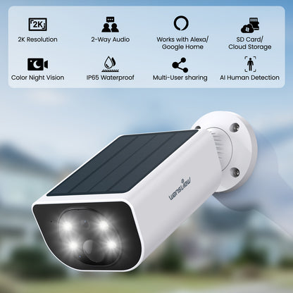 Wansview Solar Security Cameras Wireless Outdoor High Quality, Wireless Security Camera, 2K HD Resolution, Color Night Vision, Two-Way-Audio, Motion Detection, SD Card/Cloud Storage, Compatible with Alexa/Google Home
