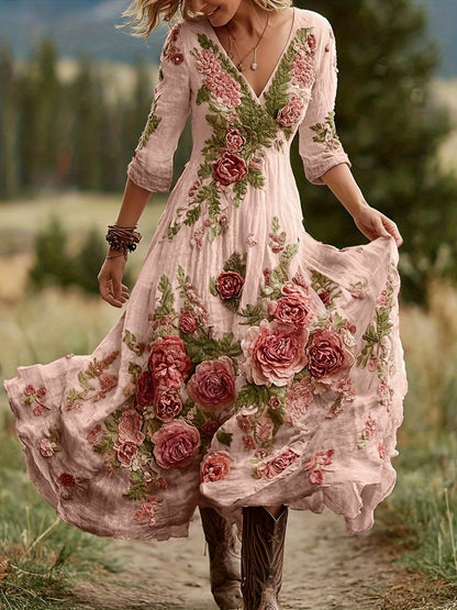Women's Bohemian A-Line Dress with V-Neck & Cross Back Straps - Short Front Slit & Flowing Floor-Length Skirt, Wedding Guest Gown for Spring Summer Fall Parties, Short Front Long Back Dress (No Underbelly)