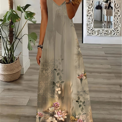 Chic Long Dress with a Floral Pattern, Featuring a V-Neck And Sleeveless Design, Perfect for Holidays And Summer Outings, Offering a Relaxed Fit And a Flattering Silhouette
