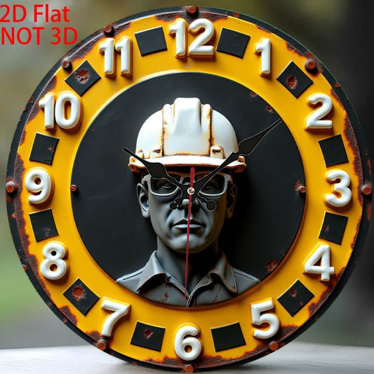 Vintage Industrial Safety Wall Clock with Hard Hat Graphic - 2D Flat Design in Yellow & Black, Quartz Movement, Silent Mechanism, Bold Numerals - Durable Artificial Wood Construction for Workshop, Office, Living Room Decor -