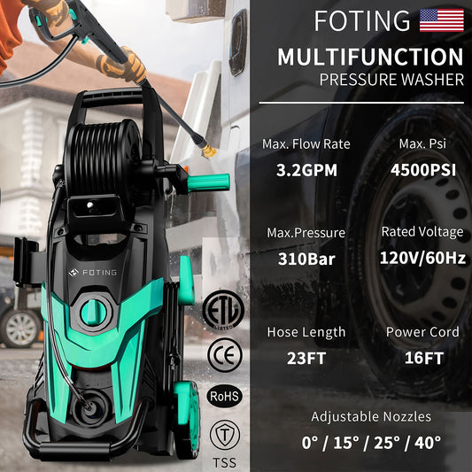 2025Upgraded Electric Pressure Washer, 4500 PSI 3.2 GPM Power Washer with 4 Quick Connect Nozzles, Inlet Hose & Filter& Foam Cannon for Cars/Fences/Driveways/Home Cleaning