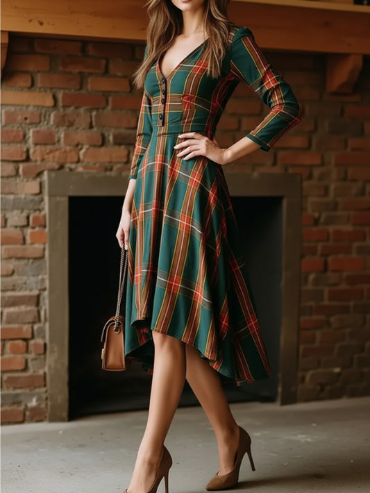 Dark Green Plaid V-Neck Long-Sleeve Waist-Cinched Asymmetric Hem Midi Dress Women's Casual Style | Retro Versatile Sophisticated Temperament Vibe Perfect for Daily Commutes & Casual Outings & Light Gatherings Occasions
