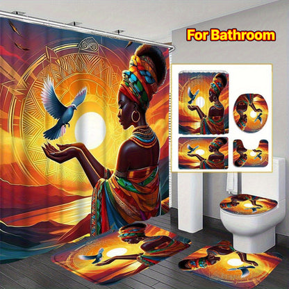African Shower Curtain Set with 12 Hooks - Vibrant Ethnic-Inspired Design,Ideal for Holiday Gifts, Polyester Material, African Bathroom Set|Decorative Bath Set|Detailed Craftsmanship, Bath