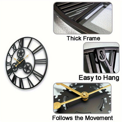 1pc 24"Gear Metal Silent Wall Clock, The Second Hand Is Upgraded To Small Gear, For Living Room, Bedroom Kitchen, Cafe, Shop Wall Decor, Mother's Day Spring Easter Gift