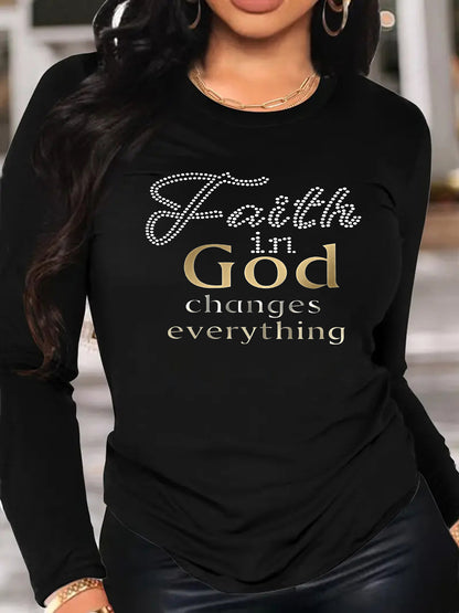 Women's Faith T-Shirt with Verse "Faith in God Changes Everything" - Inspirational Golden Lettering & Verse Print, Soft Stretch Polyester/Elastane, Round Neck Long Sleeve Casual Church Wear, All-Season Fit