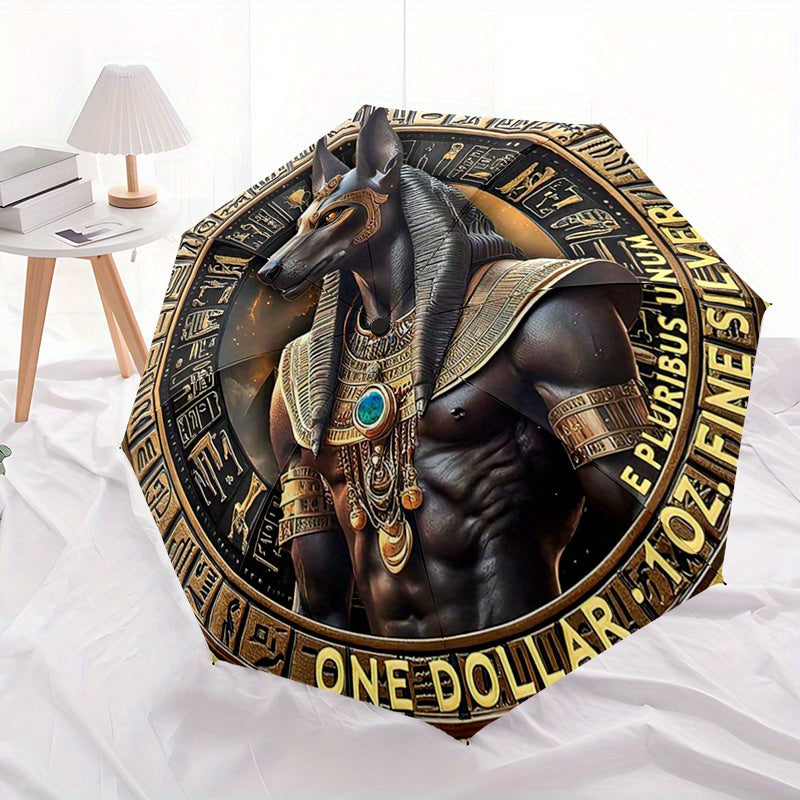 1pc Egyptian Anubis God Design Automatic Folding Umbrella - Lightweight, Retractable, 8-Rib Compact Travel Umbrella with Intricate Egyptian Mythology Artwork, Perfect for Outdoor Adventures & Festive Gifts, Outdoor Umbrella,