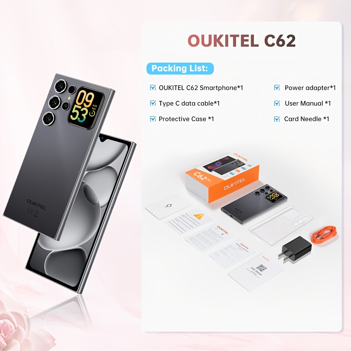 [T-Mobile ]OUKITEL C62 Android 15 Mobile Phone, 16GB + 128GB Globally Unlocked Version, 6.88" 90Hz Display, 1.81" Rear Screen, 5150mAh, 13MP + 5MP/dual SIM Card/fingerprint/facial Recognition, Perfect Festive Gift, Fashionabl