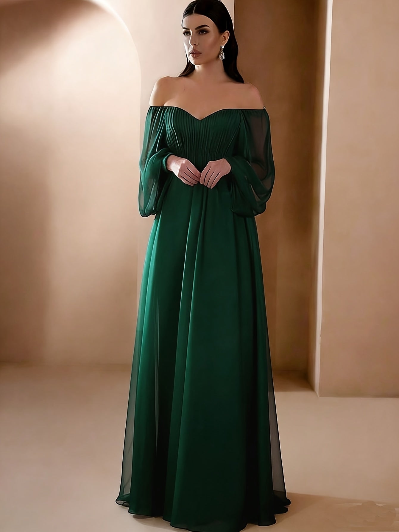 Women'S Elegant Vintage-Inspired One-Shoulder/Off-Shoulder Wedding & Party Dress - Long Sleeve A-Line Chiffon Gown with Puff Sleeve & Train Hem, Solid Formal Evening Gown for Spring Summer Fall, Loose Fit A-Line Silhouette, L