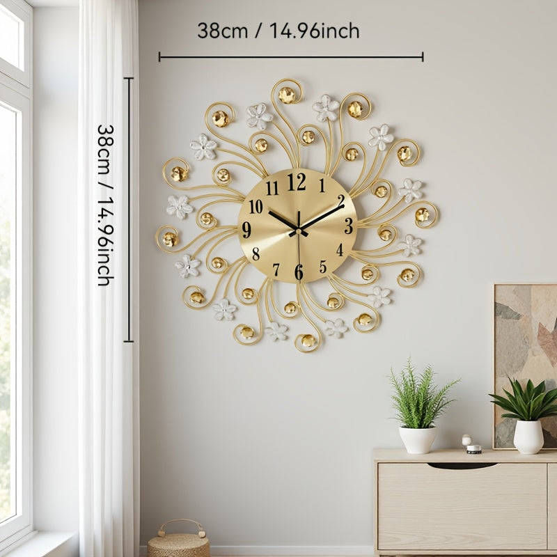 1pc Silent Luxury Wall Clock with Floral Design - Golden Metal Frame, Black Hands, Ideal for Living Room, Bedroom, Study, Entrance & Dining Room Decor - Perfect Mother'S Day or Housewarming Gift, Clock Wall Decor