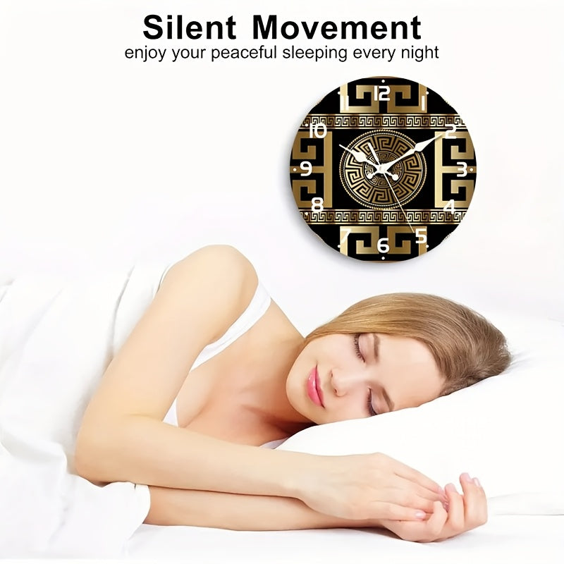 1pc Silent Non-Ticking Wooden Wall Clock, Fashionable Greek Key Design, Quartz Movement, For Festive Home Decor & Gift Giving, AA Battery Operated (Battery Not Included)