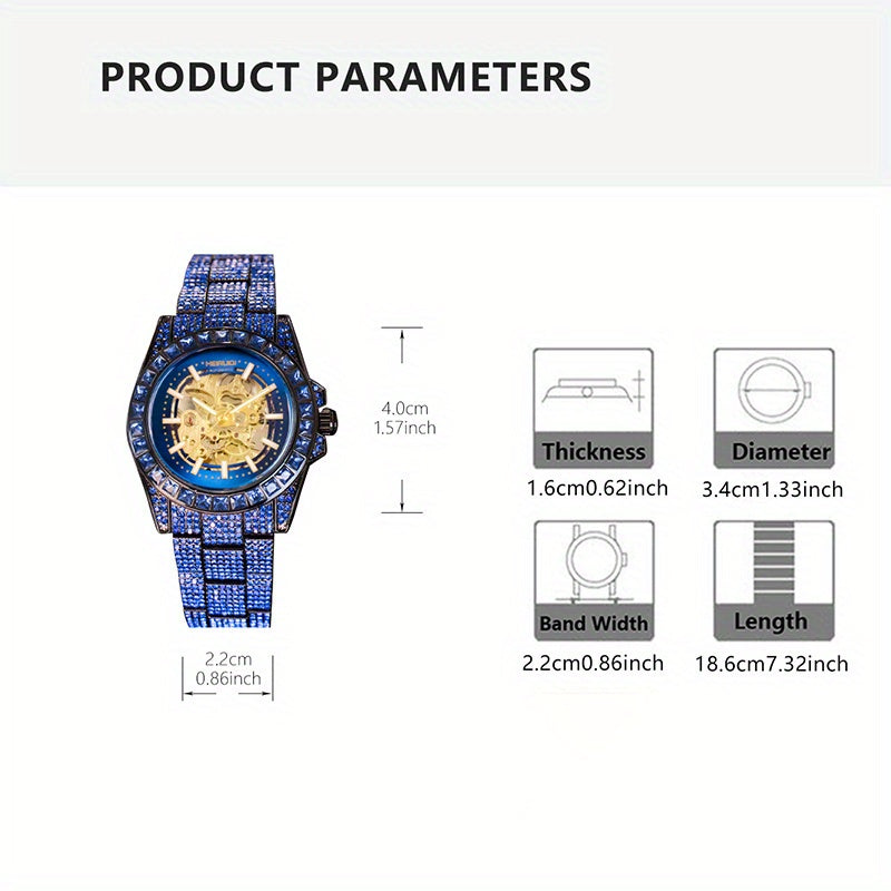 1pc Youth Men's Yellow Blue Steel Band Gorgeous Elegant Automatic Skeleton Tourbillon Mechanical Watch, Men's Fashion Accessory, Luxury Timepiece, Skeleton Dial Design, Elegant Timepiece, Automatic Movement, Durable Construct