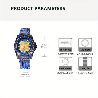 1pc Youth Men's Yellow Blue Steel Band Gorgeous Elegant Automatic Skeleton Tourbillon Mechanical Watch, Men's Fashion Accessory, Luxury Timepiece, Skeleton Dial Design, Elegant Timepiece, Automatic Movement, Durable Construct