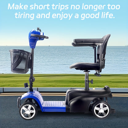 The Foldable Mobility Scooter Features A 250W Motor And Reaches A Speed Of 6 Mph.This Senior-friendly Scooter Has A 15-17 Mile Range, 13.5Ah Battery, All-terrain Tires, And Comes with A Detachable Seat, Basket, Phone Holder,