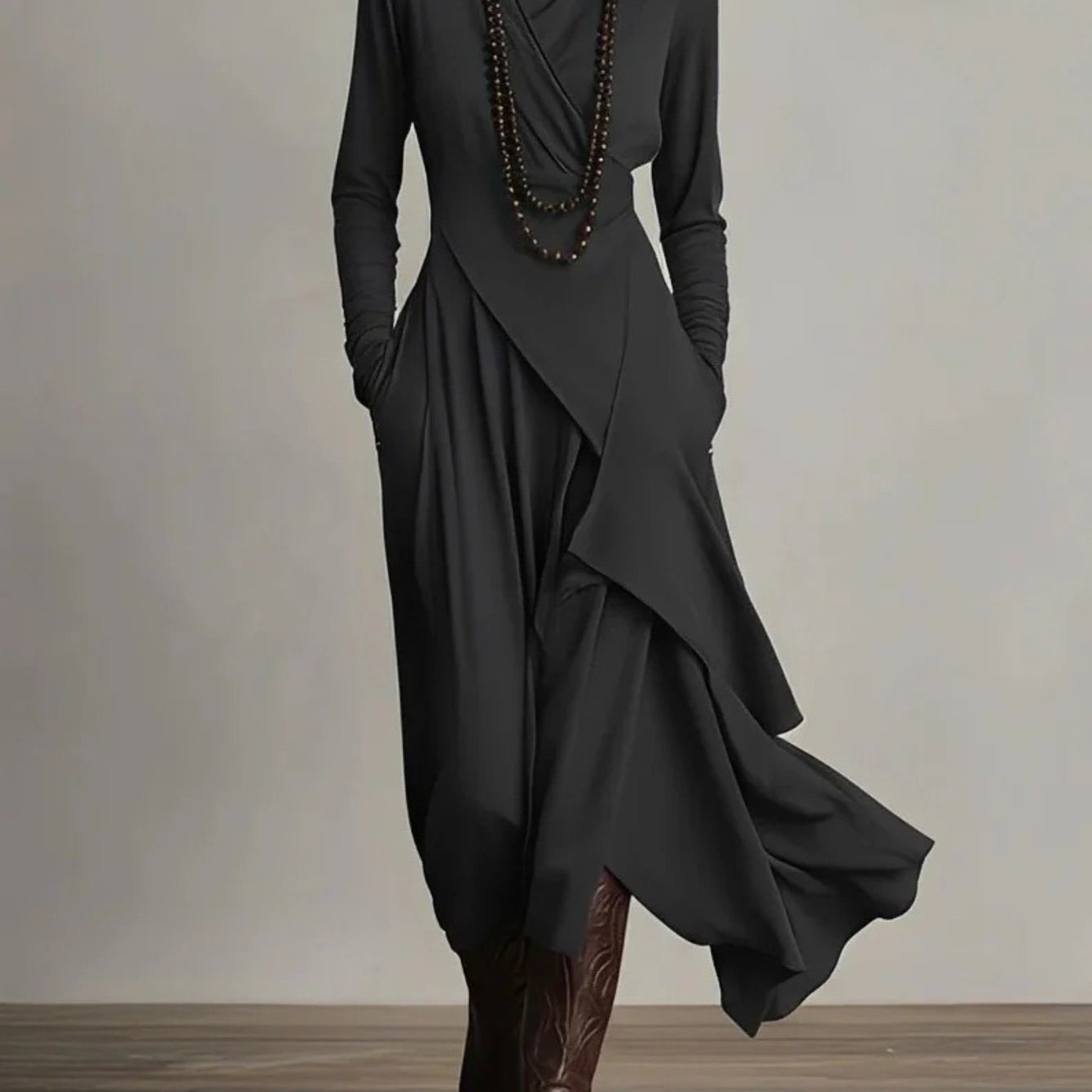 Plus Size - HERTALK Women'S Solid Color Long-Sleeved Cross High-Neck Dress Long Dress