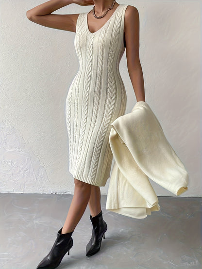 Solid Slouchy Elegant Dress Set, Button Up Long Sleeve Long Length Cardigan & Cable V-neck Sleeveless Slim Tank Dress Outfits, Women's Clothing
