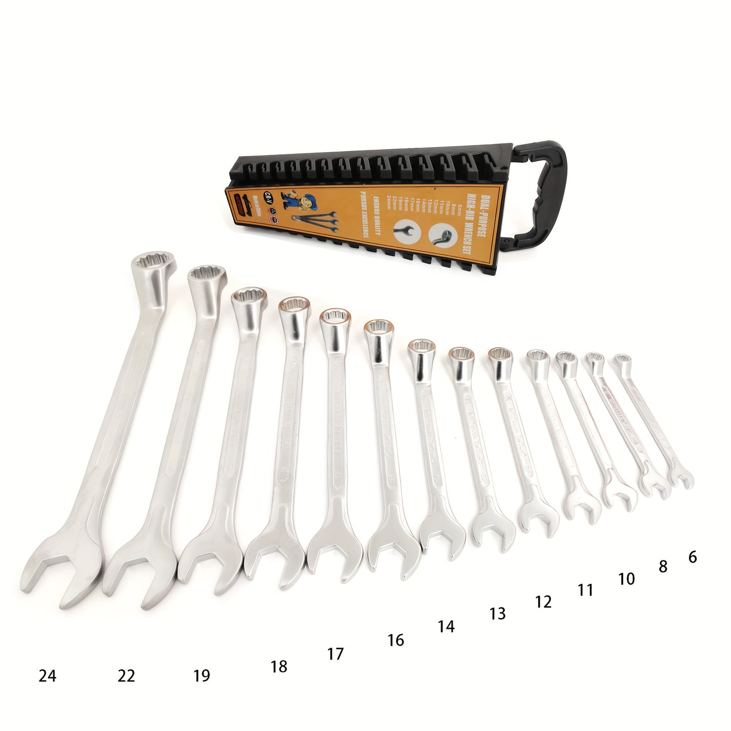 [13pcs Metric Wrench Set] 13pcs Offset Box Wrench Set, Metric Combination Wrench Set 6-24mm | 75° High-Rib, Cr-V Steel, with Rolling up Pouch, for Car, Motorcycle, Bicycle, Repair, Mechanical Tool