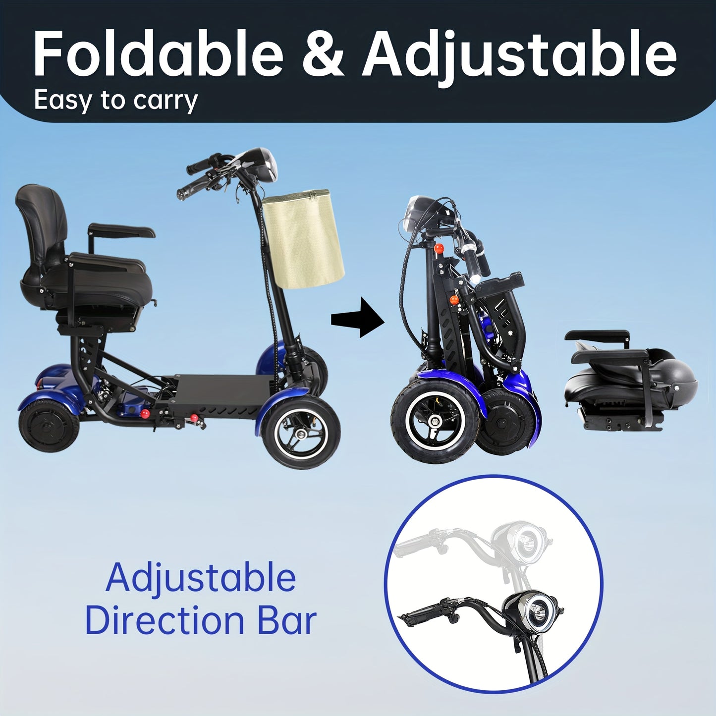 Folding Four-wheel Mobile Scooter for And Adults, Portable Electric Scooter with Basket, 3-speed Mode, 500W Dual Motors, 30 Mile Range, 11MPH, Lightweight And Compact Electric Scooter Foldable