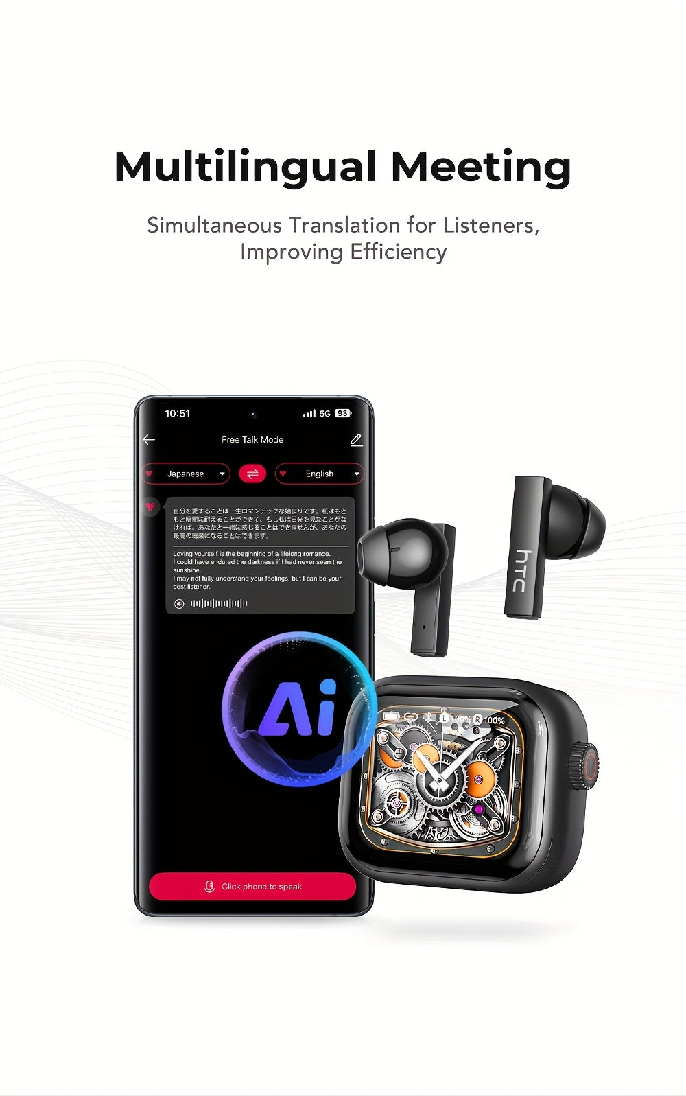 HTC NE40 Rotary Screen TWS Translator Buds Wireless 6.0 134-Language Face-to-Face Simultaneous Interpretation 48h Total Battery & 10-min Fast Charge LED Full-Color Touch Dial HiFi Audio-Travel-Call Ready Black And Grey