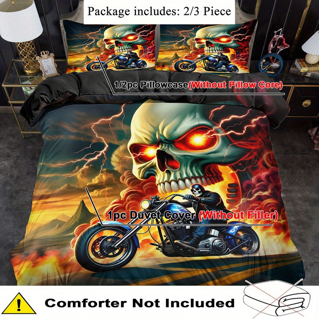 2/ 3pcs Quilt Cover Set, Motorcycle Skeleton Print Duvet Cover Set, King Queen Style Bedding Set, Polyester Machine Washable, Quilt Decoration, Bedroom Guest Room, Birthday Gift (Includes 1 Duvet Cover + 1 or 2 Pillowcases, N