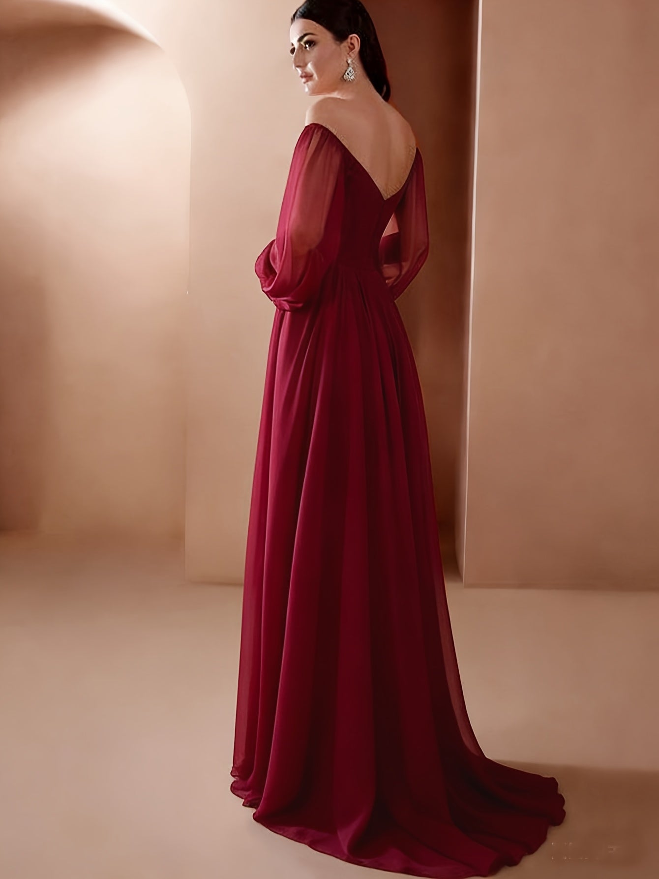 Women'S Elegant Vintage-Inspired One-Shoulder/Off-Shoulder Wedding & Party Dress - Long Sleeve A-Line Chiffon Gown with Puff Sleeve & Train Hem, Solid Formal Evening Gown for Spring Summer Fall, Loose Fit A-Line Silhouette, L