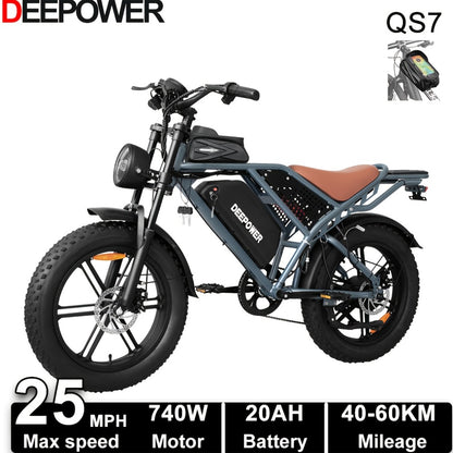 Deepower Electric Bike QS7 740W 48V 20AH/35AH/60AH 20 Inch Fat Tire Adult Electric Bike 80 Miles Range Mountain Cross Country Dual Battery Electric Bike