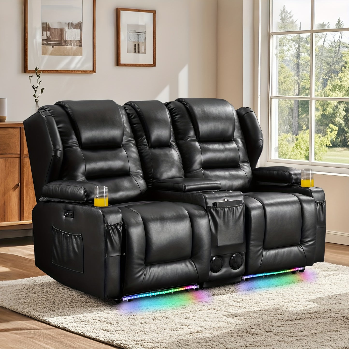 Power Loveseat Recliner With LED Lighting, Home Theater Seating Sofa With Storage & Cup Holders For Living Room RV, Faux Leather